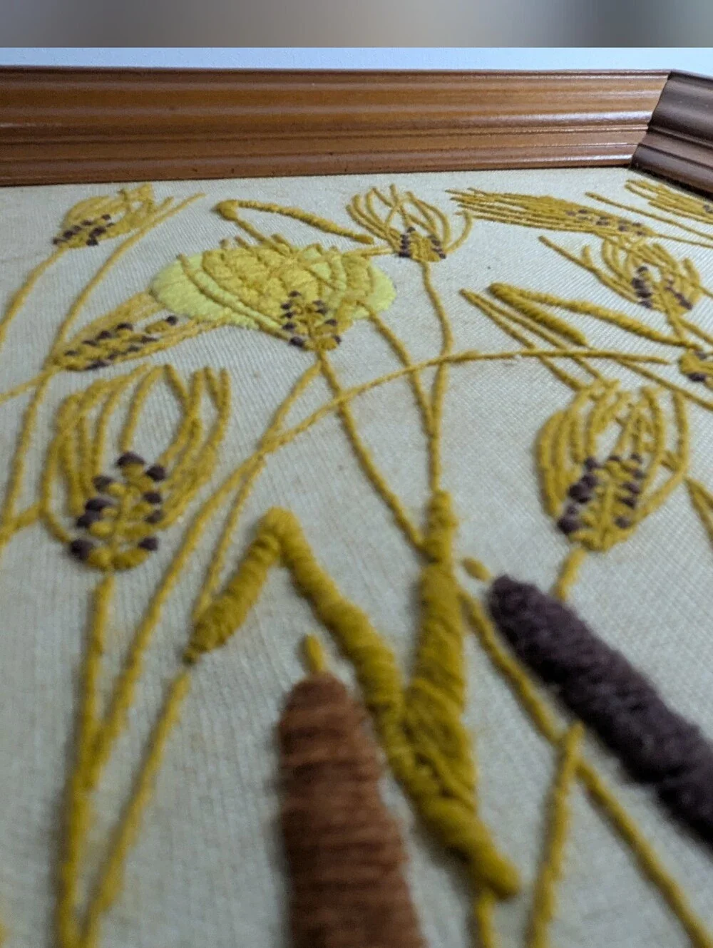 Vintage Crewel Embroidery Wall art Cattails and sunset